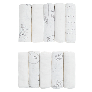 White muslin nappies with discreet print- 10 pack