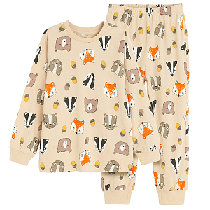 Beige long sleeve and trousers pyjamas with forest animals print- 2 pieces