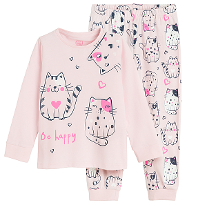 Pink long sleeve and pants pyjamas with kittens print - 2 pieces