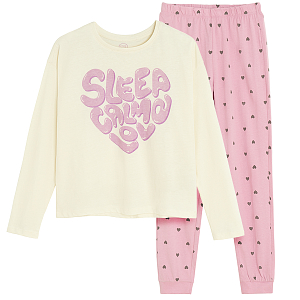 White long sleeve blouse with SLEEP CALM LOVE pring and pink pants with hearts pyjamas