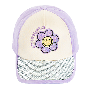 Smile white and puple jockey hat with sequences and daisy print