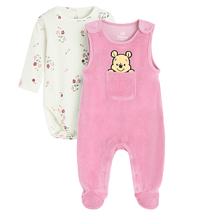 Winnie the Pooh burgundy footed overall and white floral long sleeve bodysuit set- 2 pieces