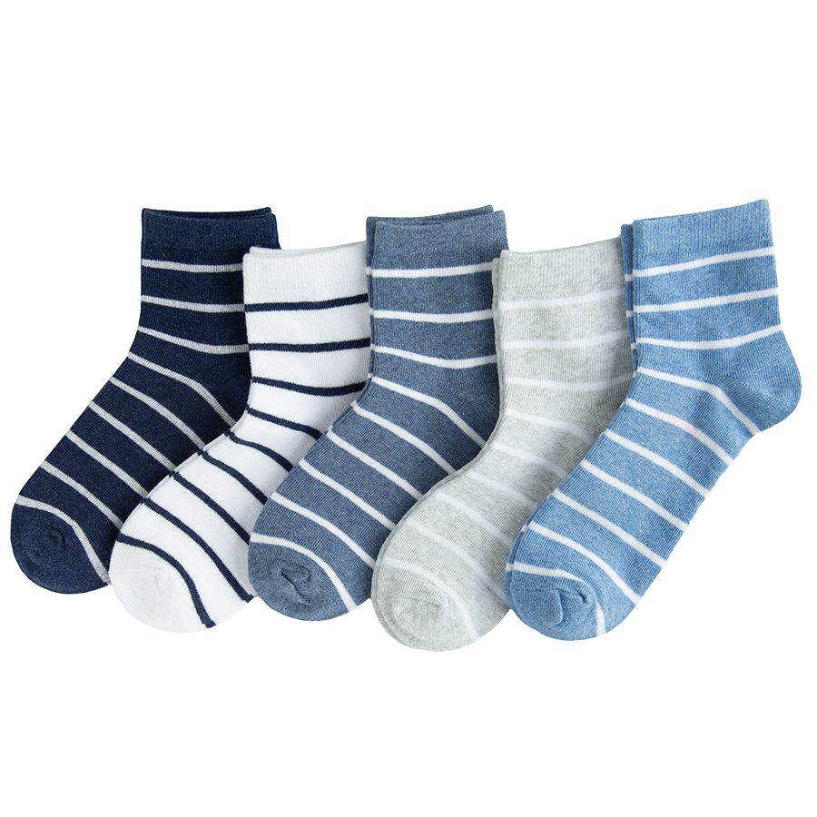 Striped blue, grey, white socks- 5 pack