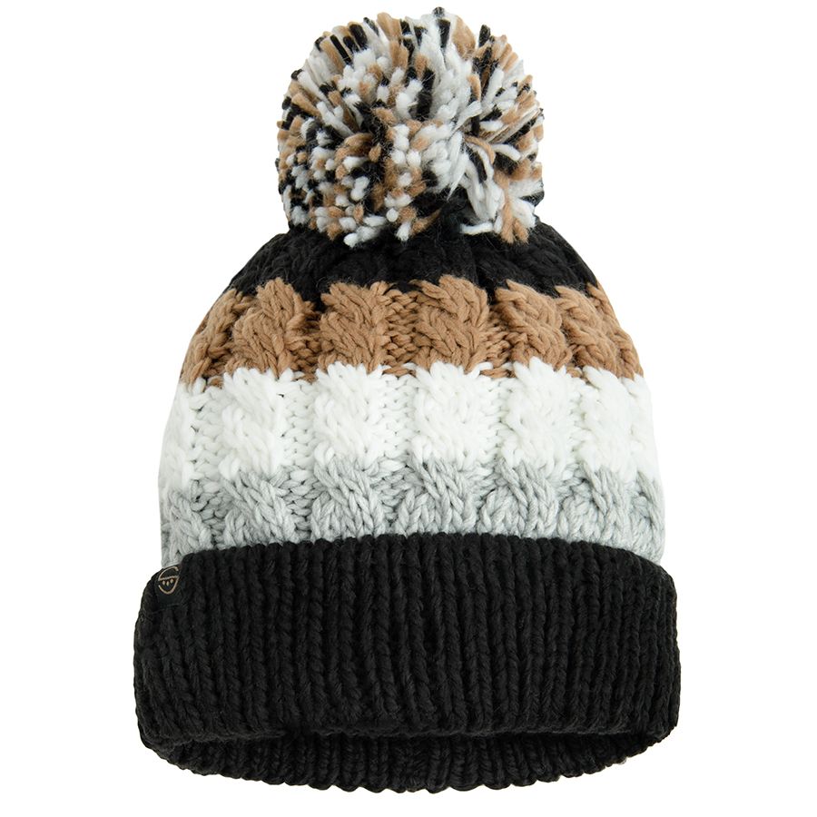 Black, grey, ecru, brown cap with pom pom