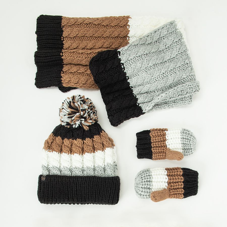 Black, grey, ecru, brown cap with pom pom