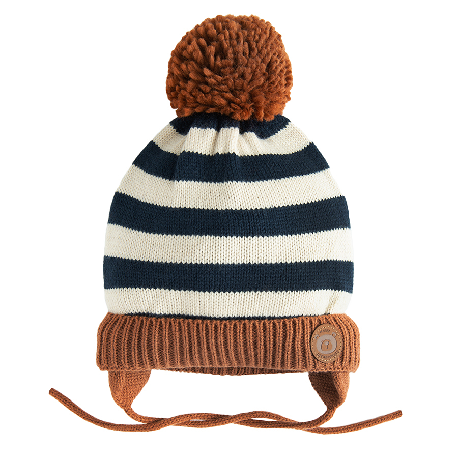 Striped winter ear flap hat with pom pom