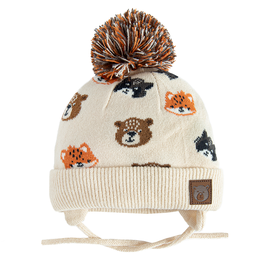 Ecru winter earflap hat with forest animals print and pom pom