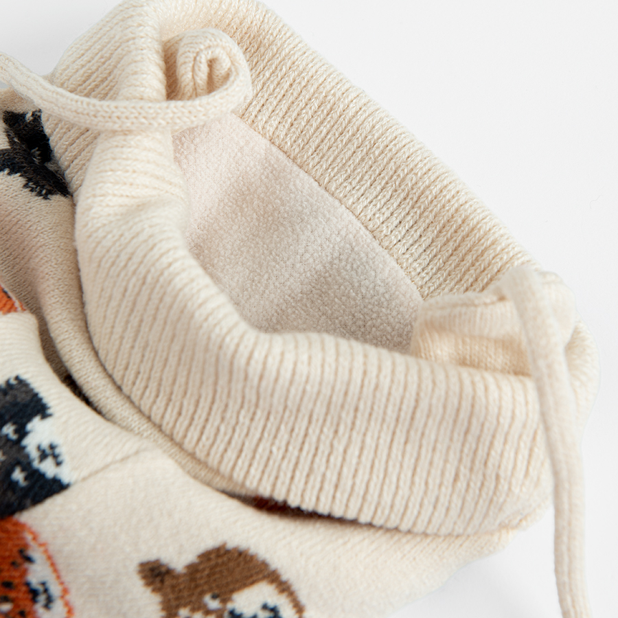 Ecru winter earflap hat with forest animals print and pom pom