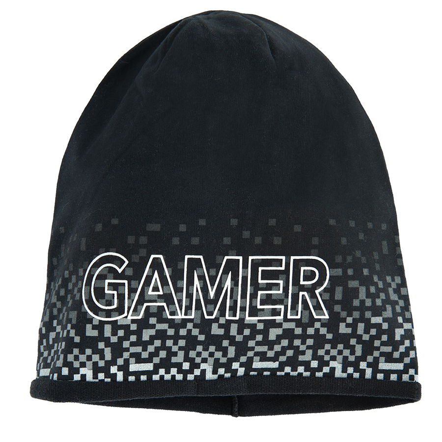 Black benie with GAMER and pixels print