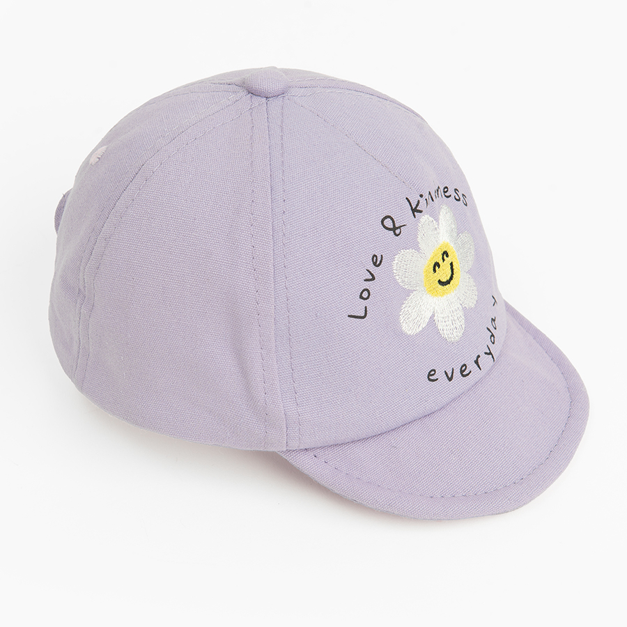 Violet jockey hat Love and Kindness every day with happy daisy print