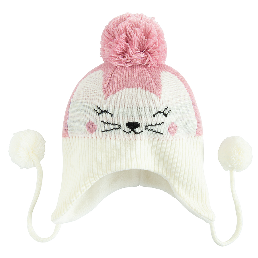 White and pink winter earflap hat with kitten print