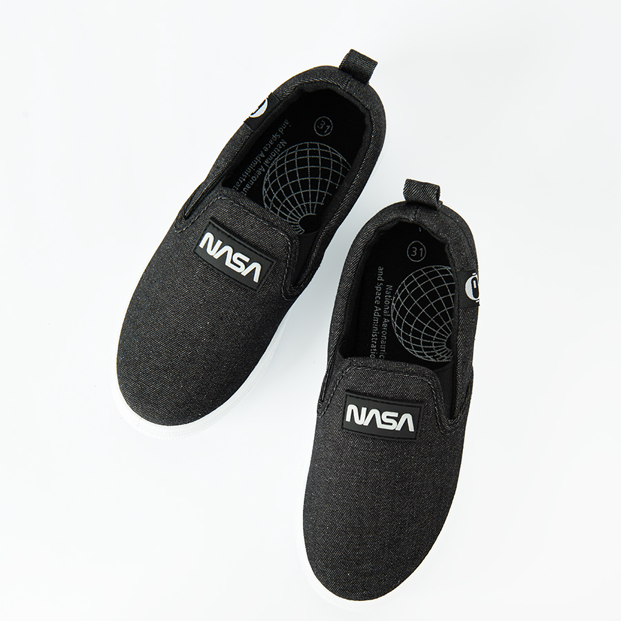 NASA black canvas slip on shoes