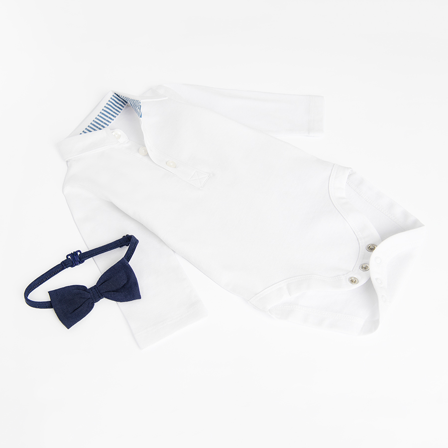 White long sleeve button down bodysuit with bow tie