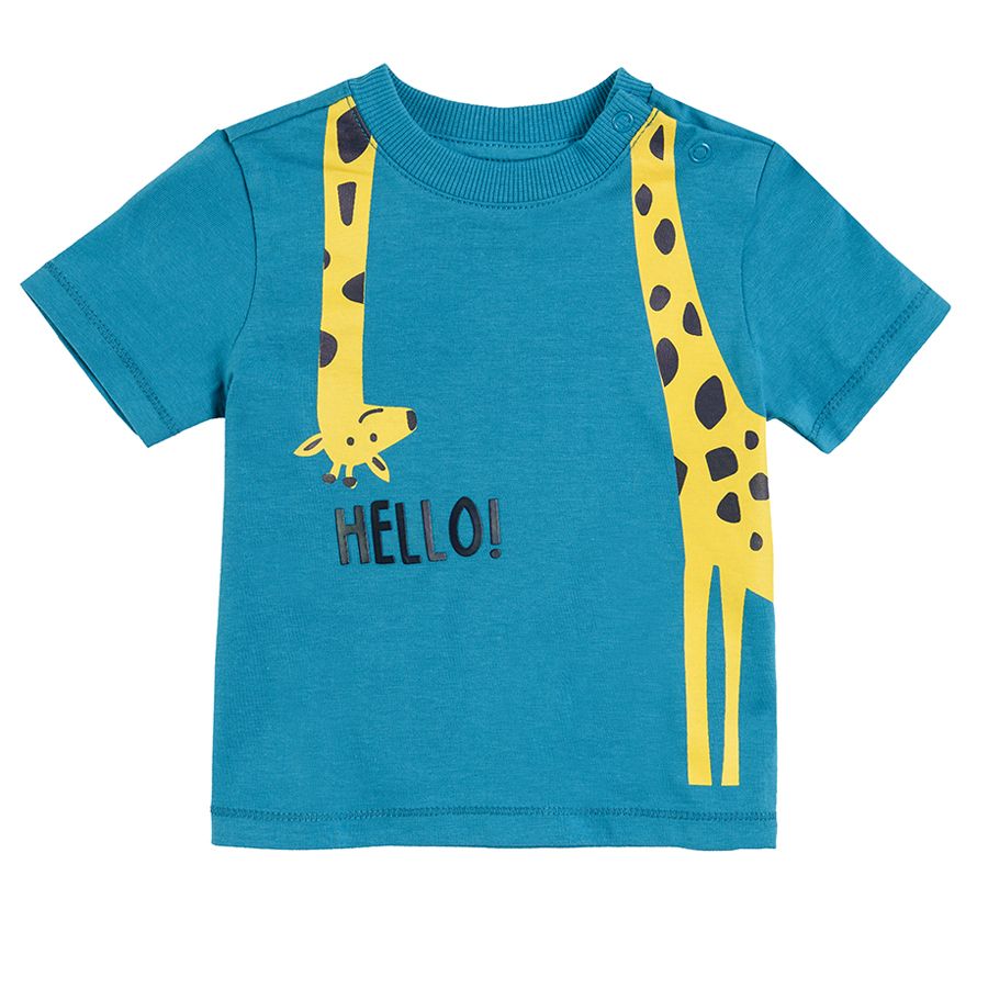 Blue with giraffe print and white with jungle animals short sleeve blouses 2-pack