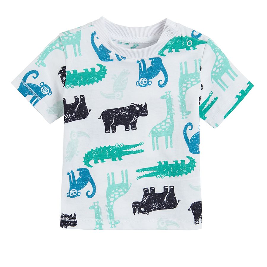 Blue with giraffe print and white with jungle animals short sleeve blouses 2-pack