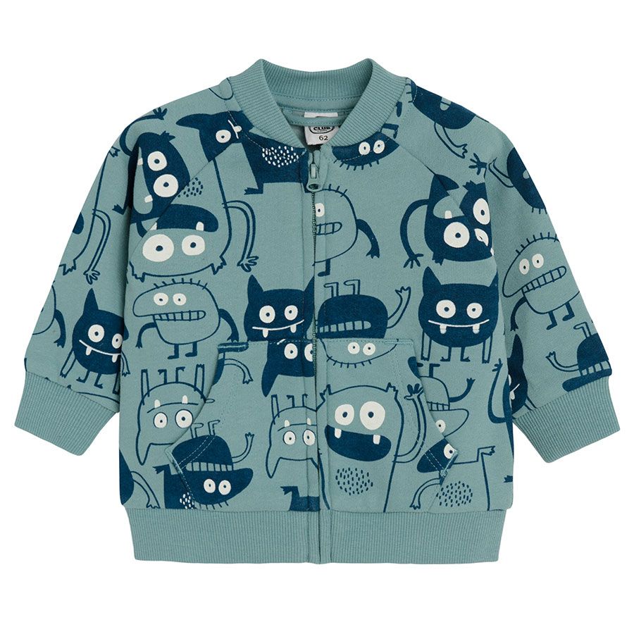 Light blue zip through sweatshirt with monsters print | Coolclub