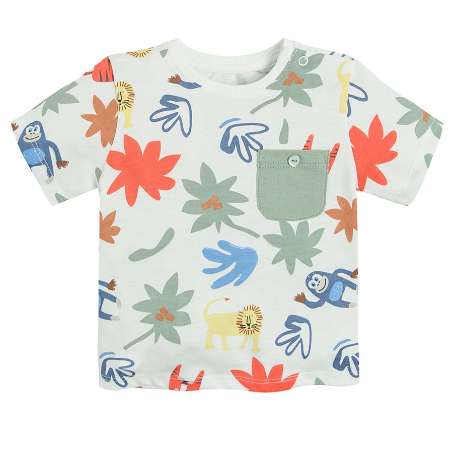 White short sleeve T-shirt with wild animals and leaves print and chest pocket