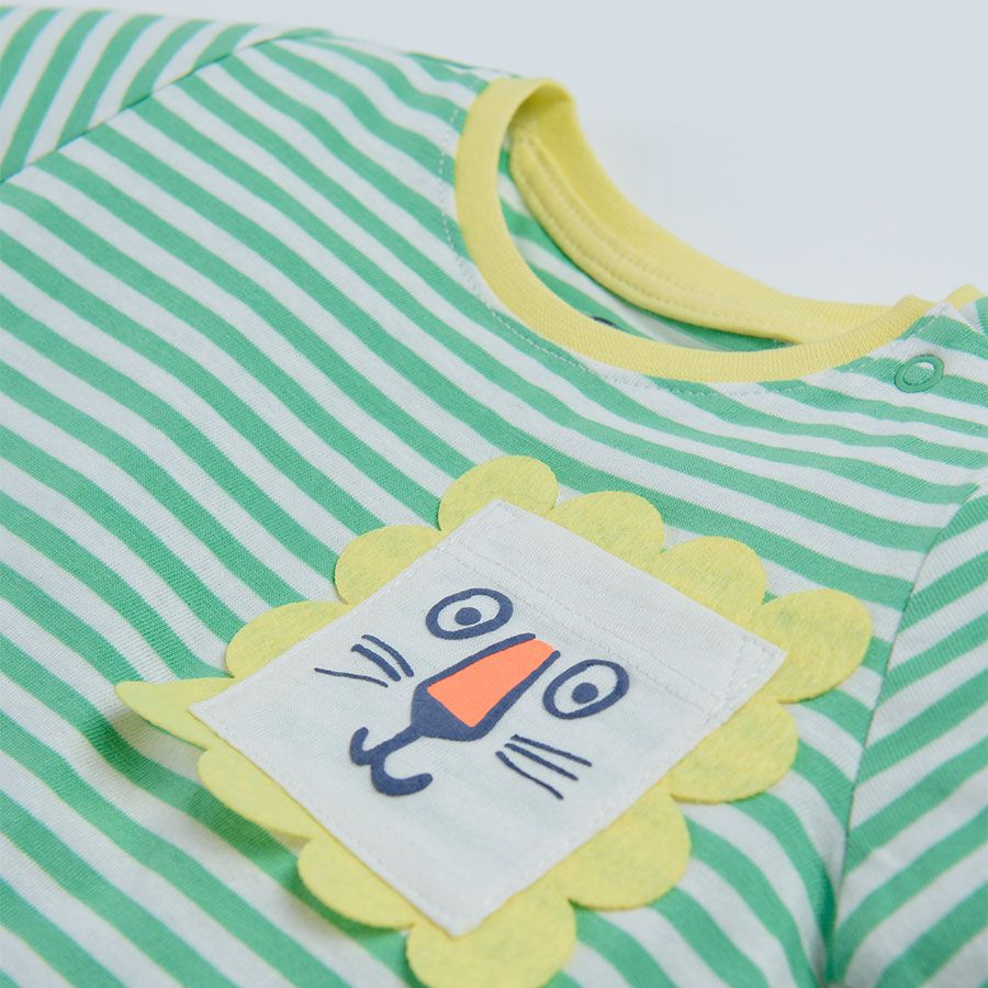 Green stripes short sleeve T-shirt with lion on chest pocket