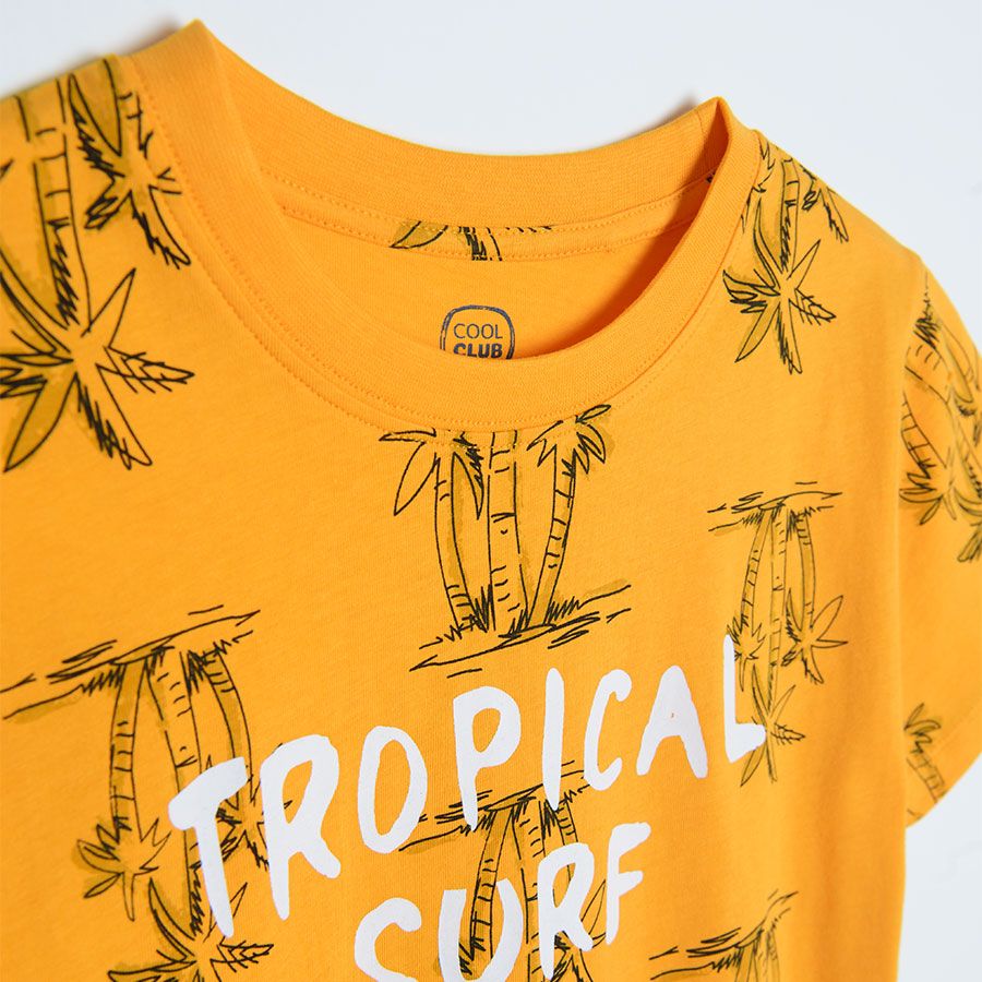 Orange short sleeve T-shirt with palm trees and TROPICAL SURF print