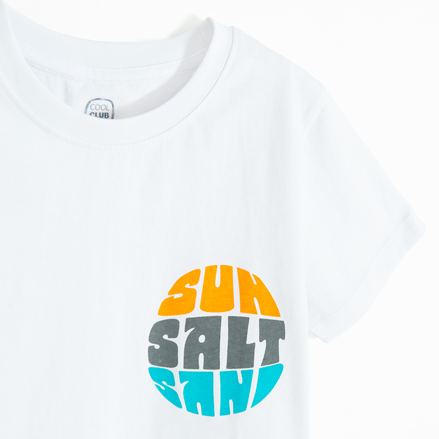 White T-shirt with SUN, SALT, SAND print