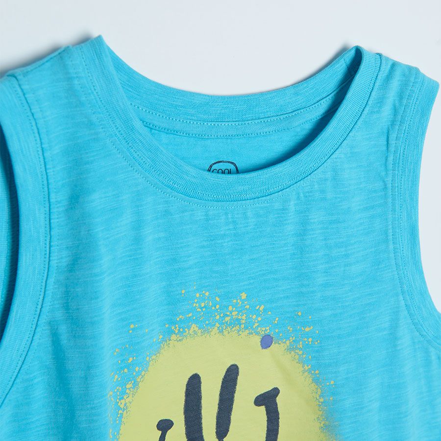 Light blue sleeveless T-shirt with CHILL OUT print