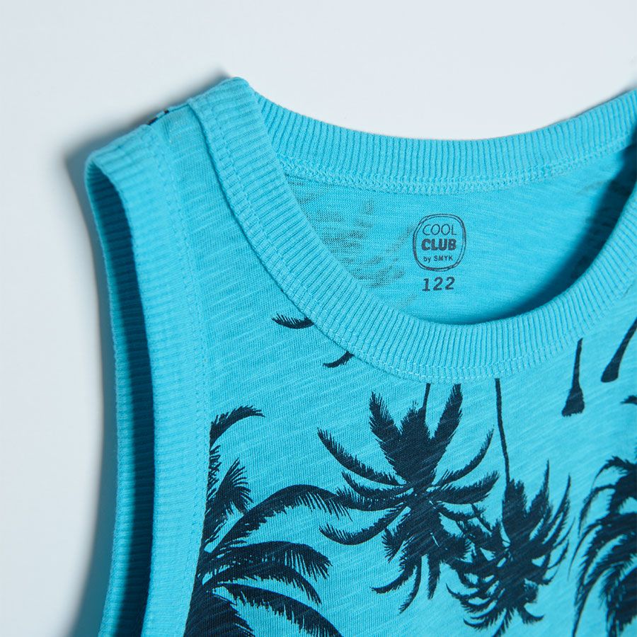 Light blue sleeveless T-shirt with palm trees print