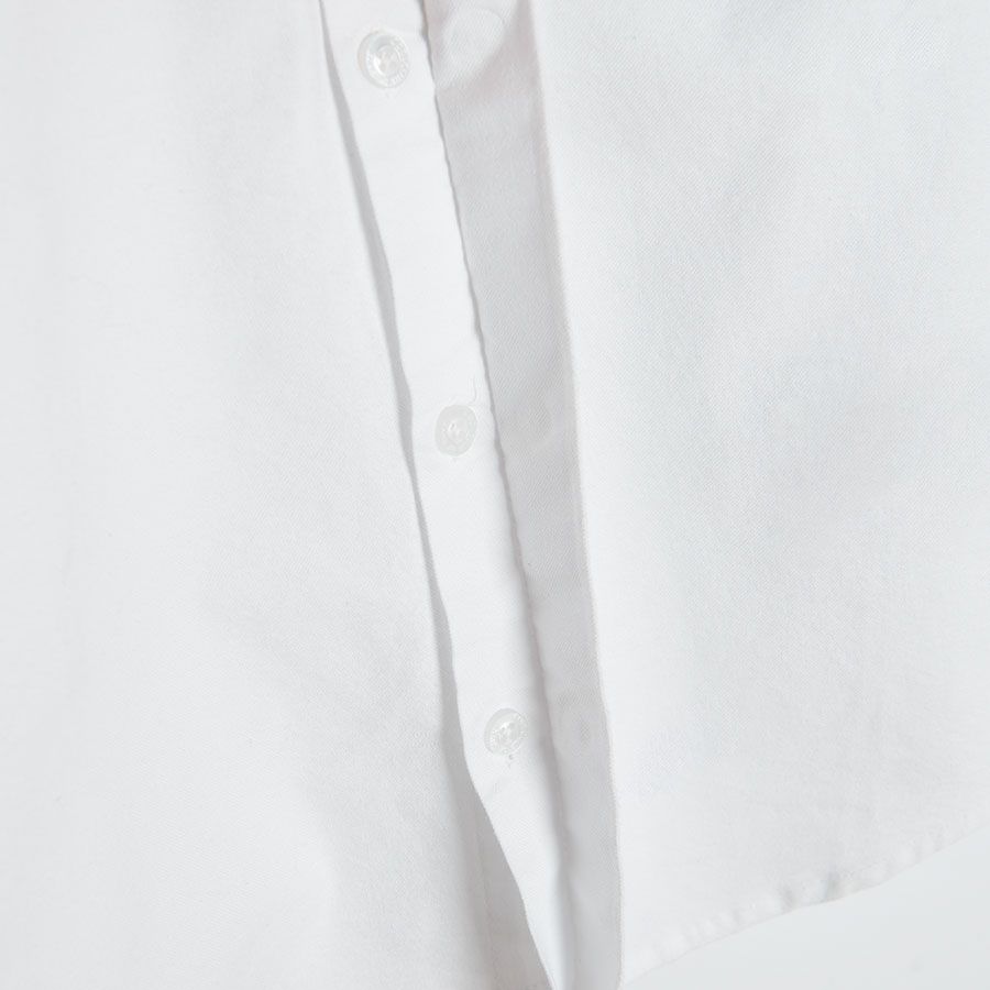 White short sleeve button down shirt with bow tie