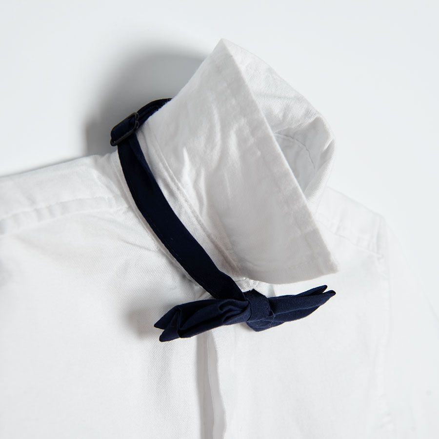 White short sleeve button down shirt with bow tie