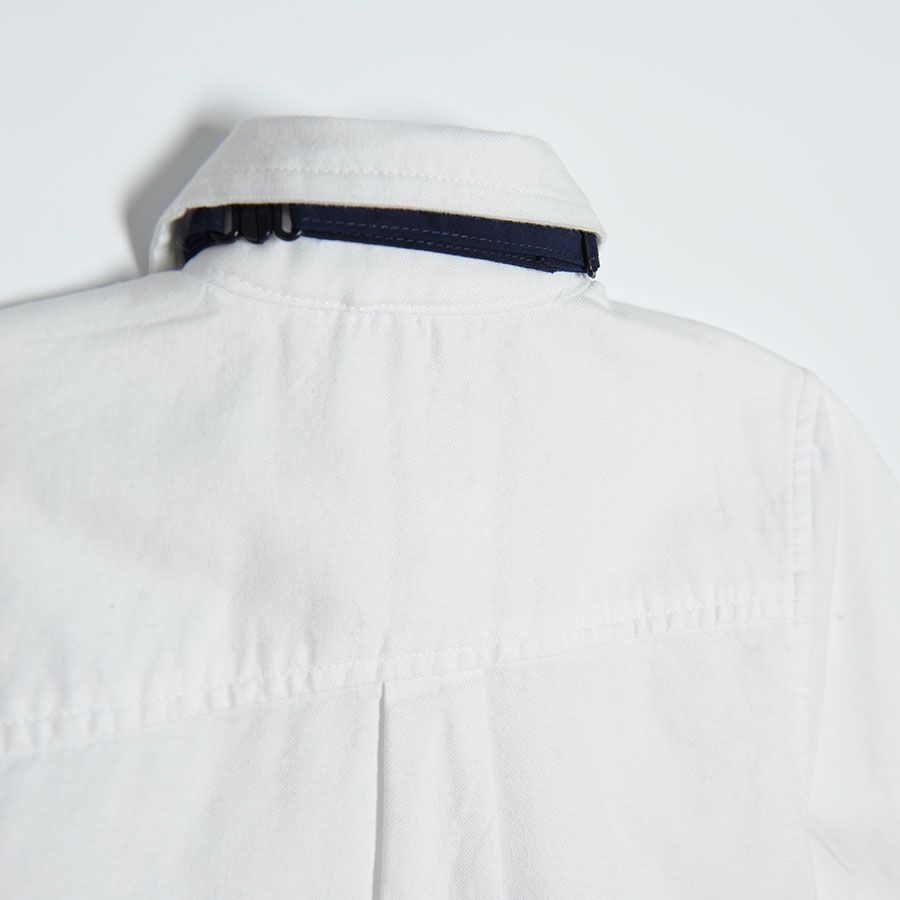 White short sleeve button down shirt with bow tie