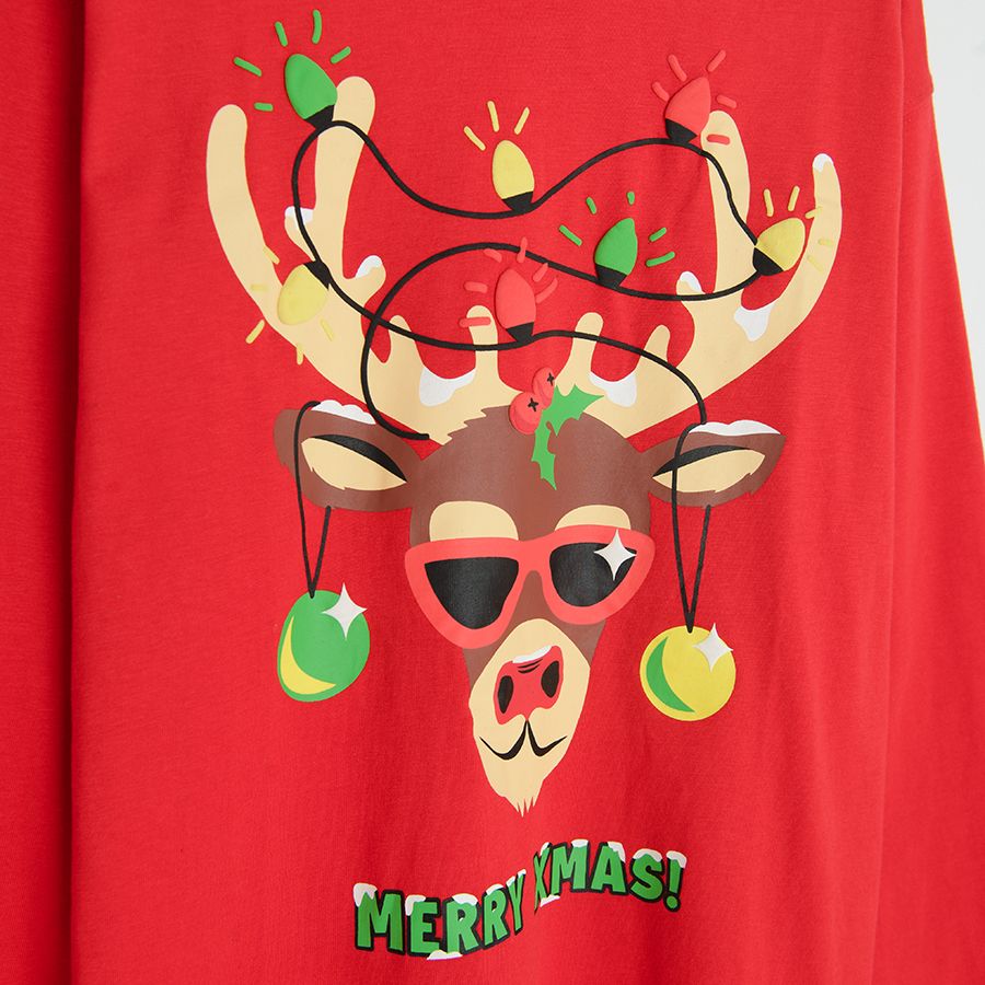 Red long sleeve blouse with raindeer and Christmas lights print