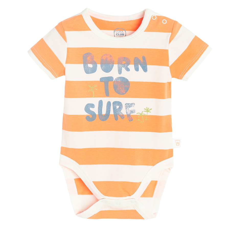 White and orange stripes short sleeve bodysuit with Born to Surf print