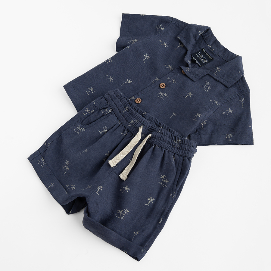 Play set, button down shirt and shorts with small pine trees print- 2 pieces