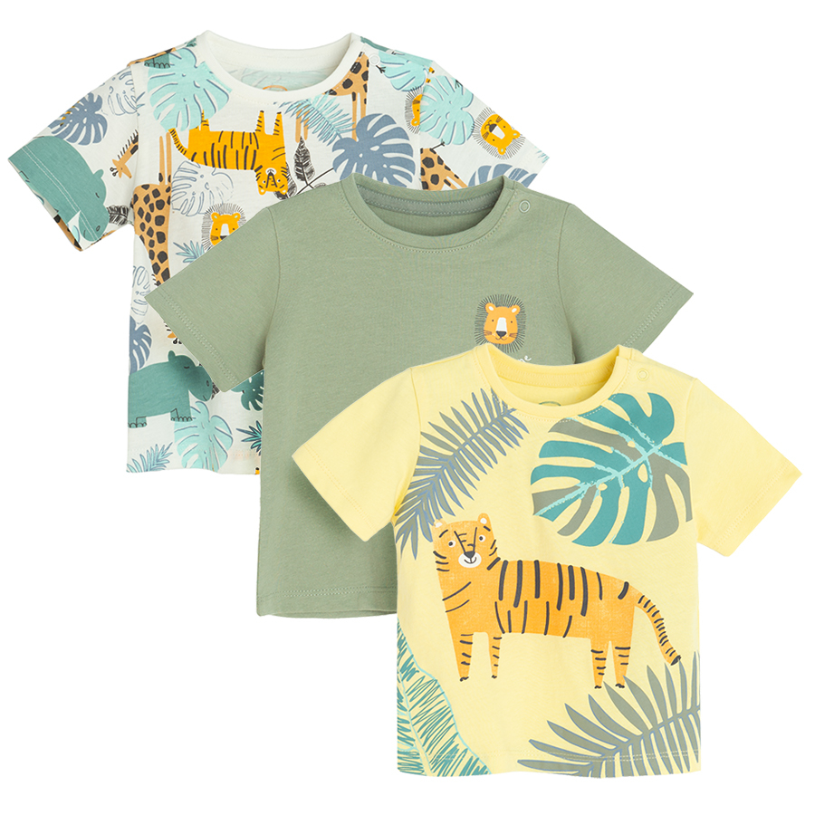 White, yellow, khaki T-shirt with jungle animals print