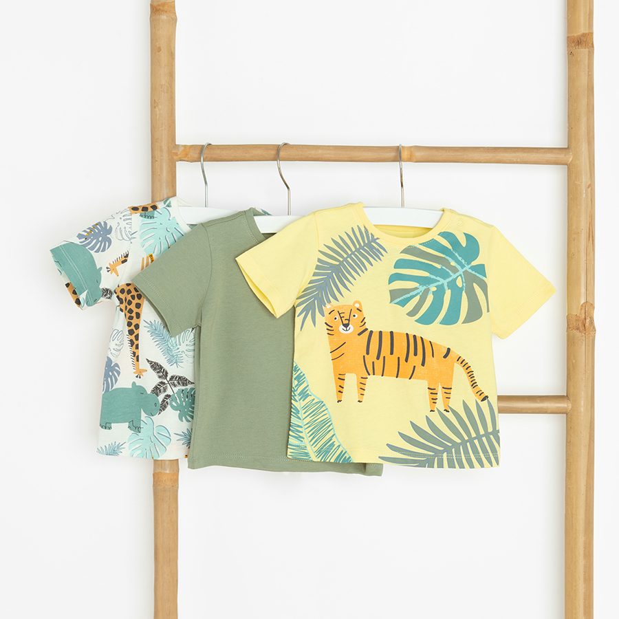 White, yellow, khaki T-shirt with jungle animals print