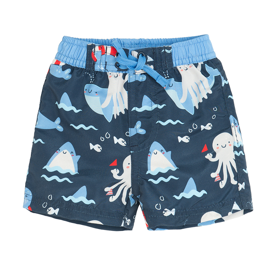 Dark blue swim trunks with sea life print