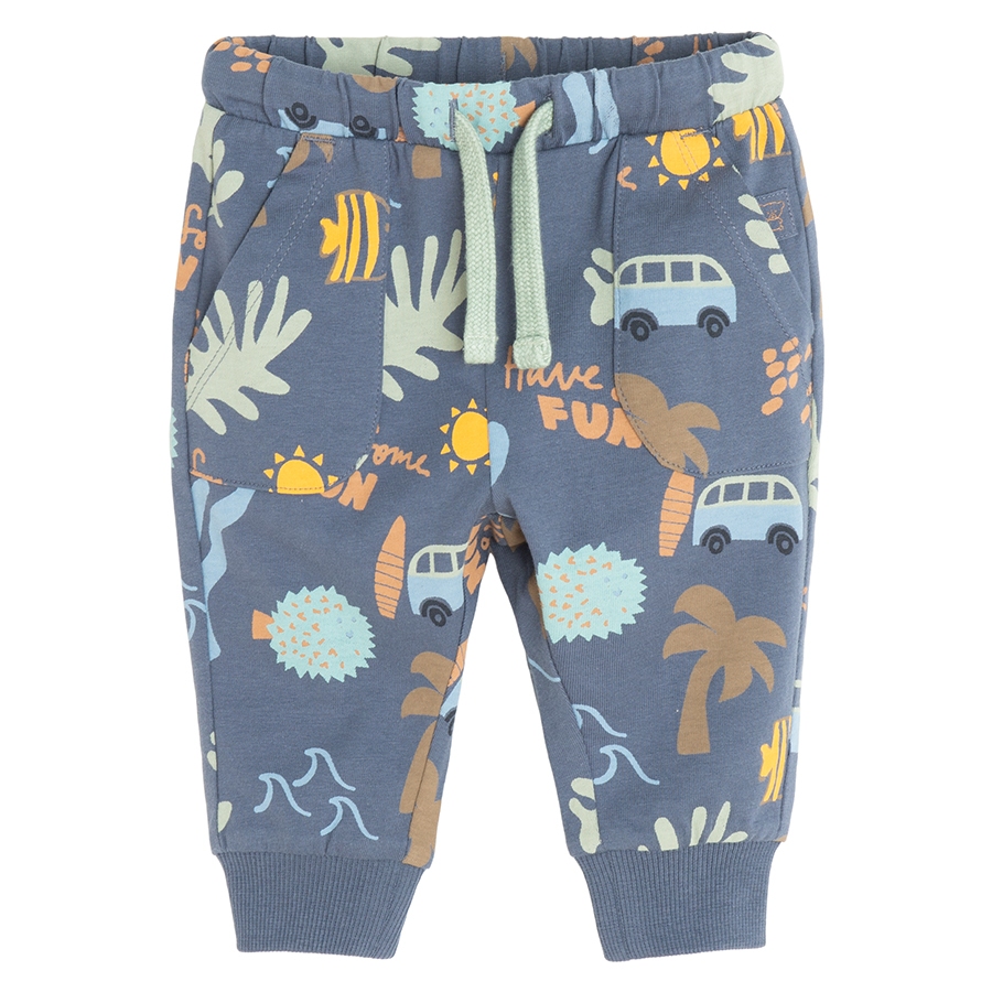 Blue jogging apnts with summer travel prints