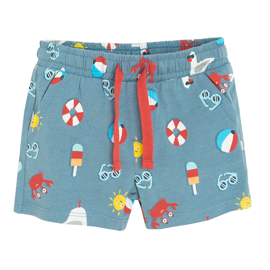 Blue set, T-shirt and shorts with summer toys print- 2 pieces