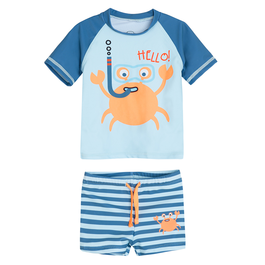 Blue bathing suit set with crab print short sleeve blouse and trunks 2 pieces Coolclub