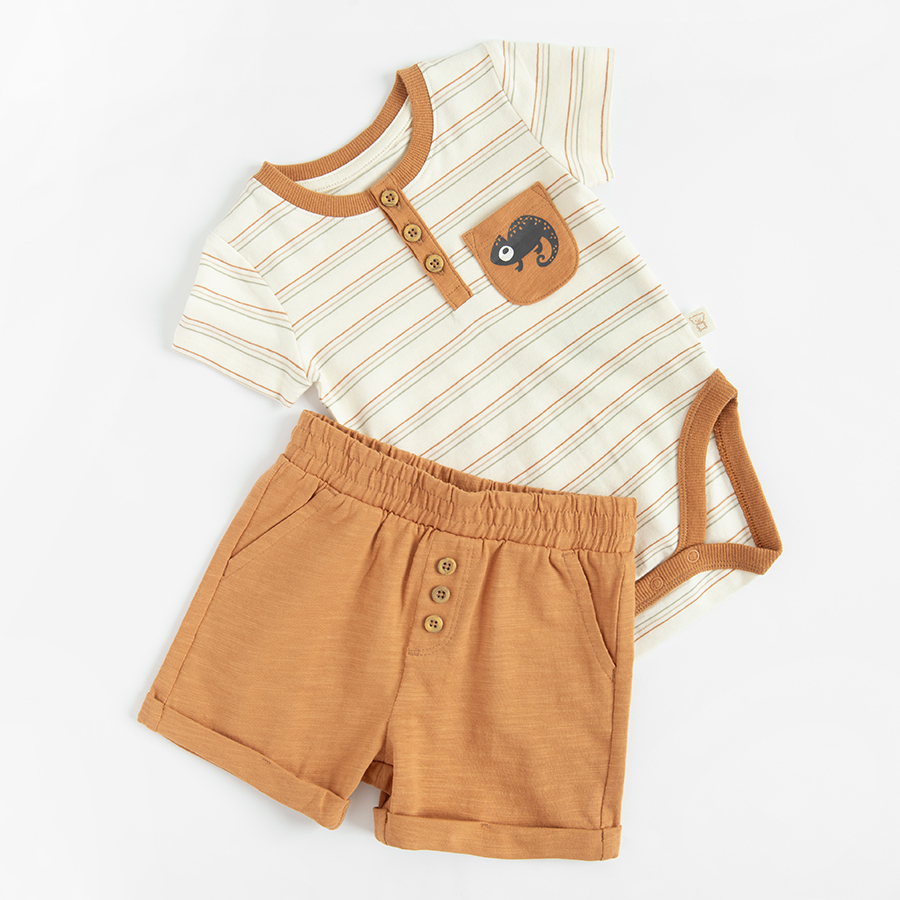 White and brown set- short sleeve bodysuit with buttons and shorts- 2 pieces