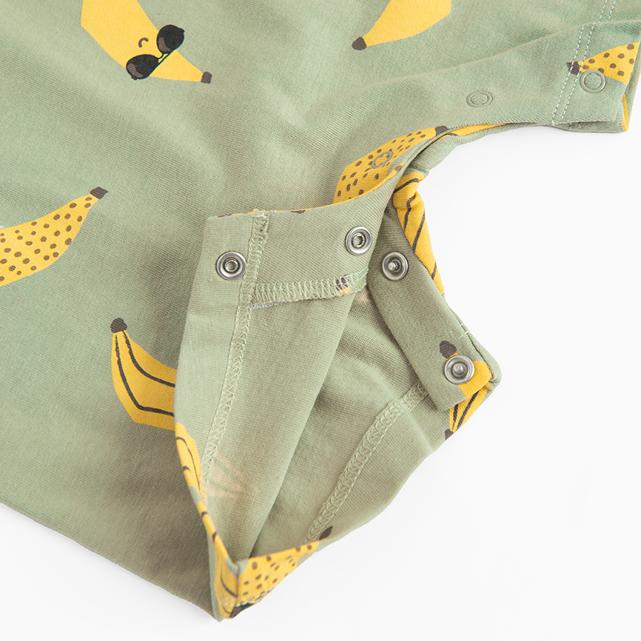 White romper with jungle animals print and khaki romper with bananas print- 2 pack