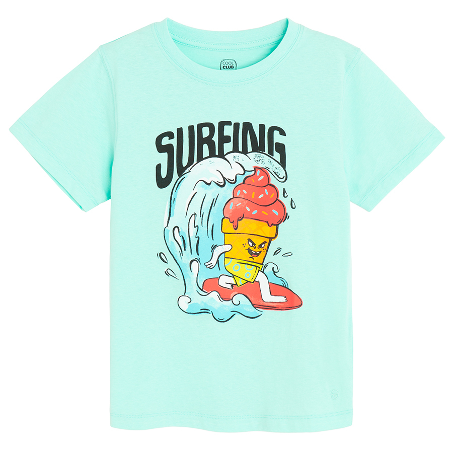 Turquoise T-shirt with ice-cream under the wave print