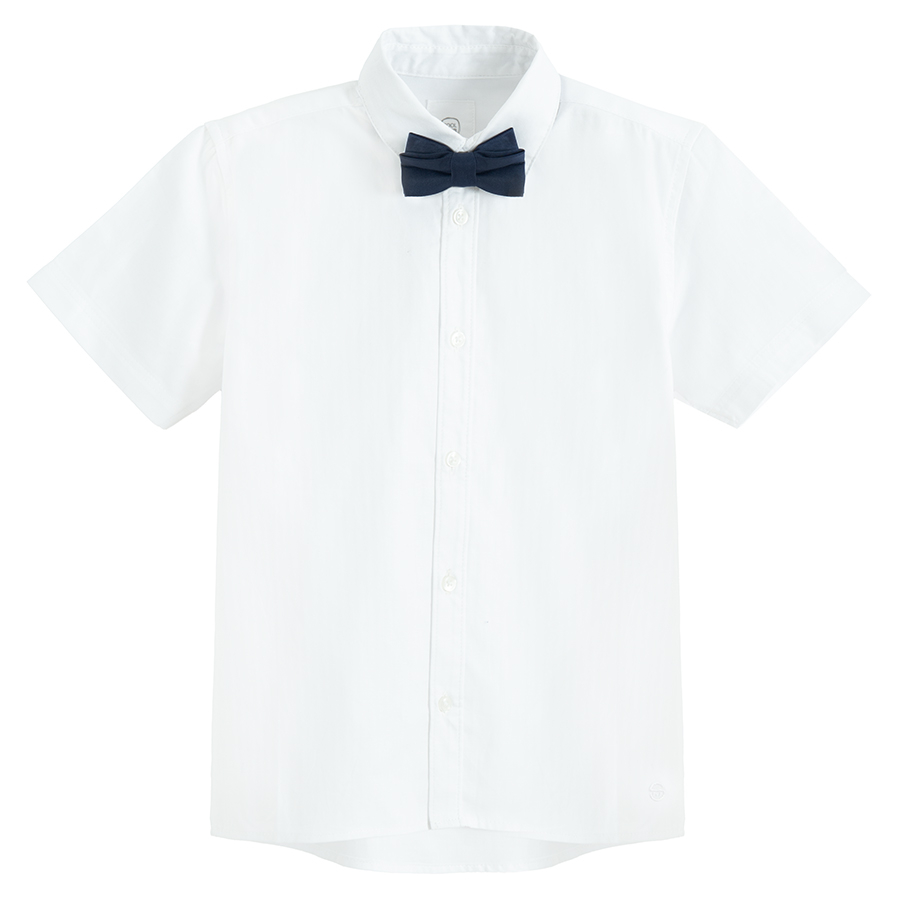 White short sleeve button down shirt with blue bow tie and blue trousers with suspenders- 3 pieces