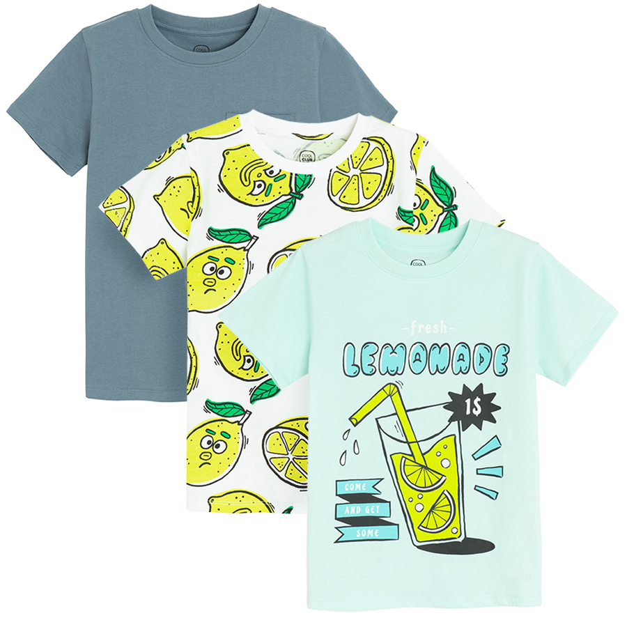 White, light blue and blue T-shirts with lemonade print- 3 pack