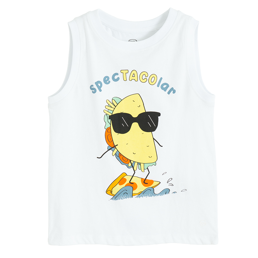 White sleeveless T-shirt with tacos on pizza surf board