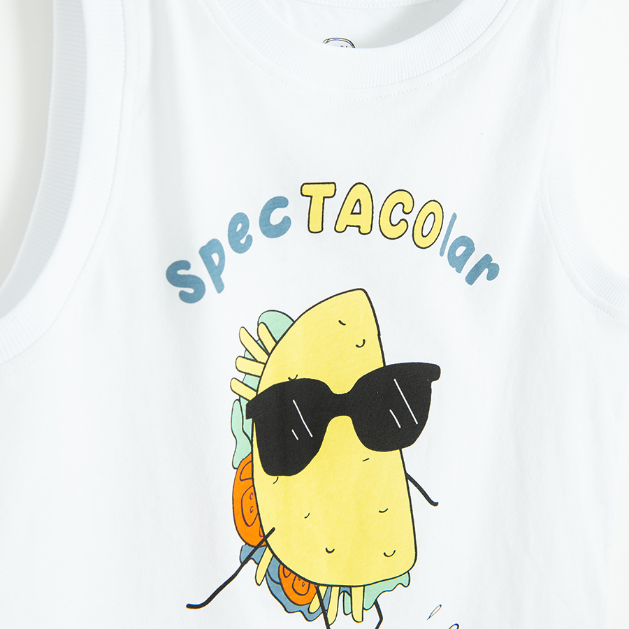 White sleeveless T-shirt with tacos on pizza surf board