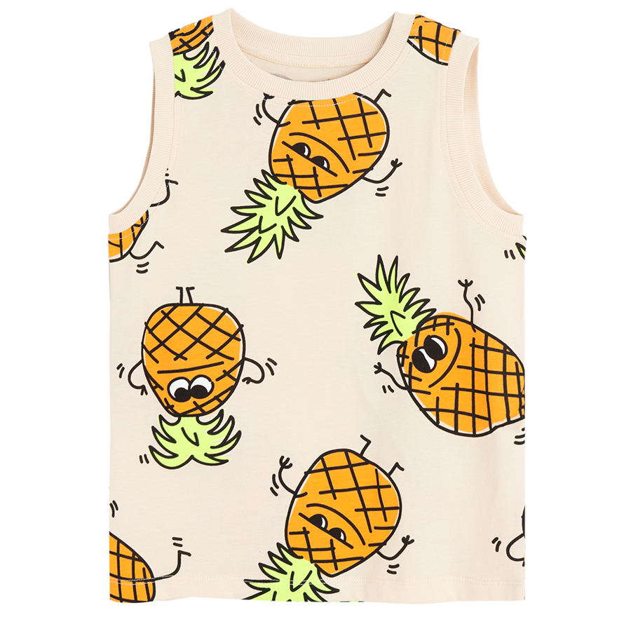 Beige sleeveless T-shirt with pineapple print