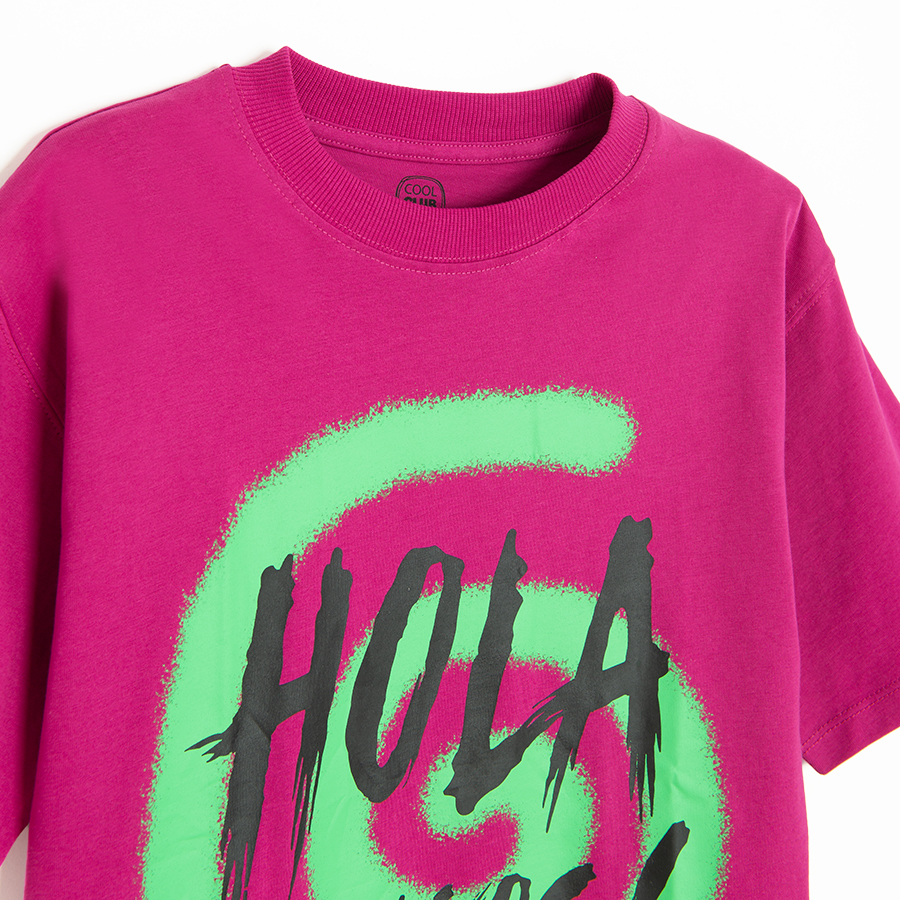 Fuchsia T-shirt with HOLA AMIGOS print