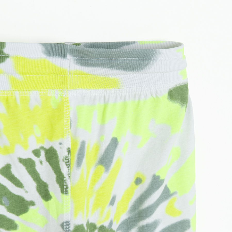 Green tie dye shorts with cord on the waist