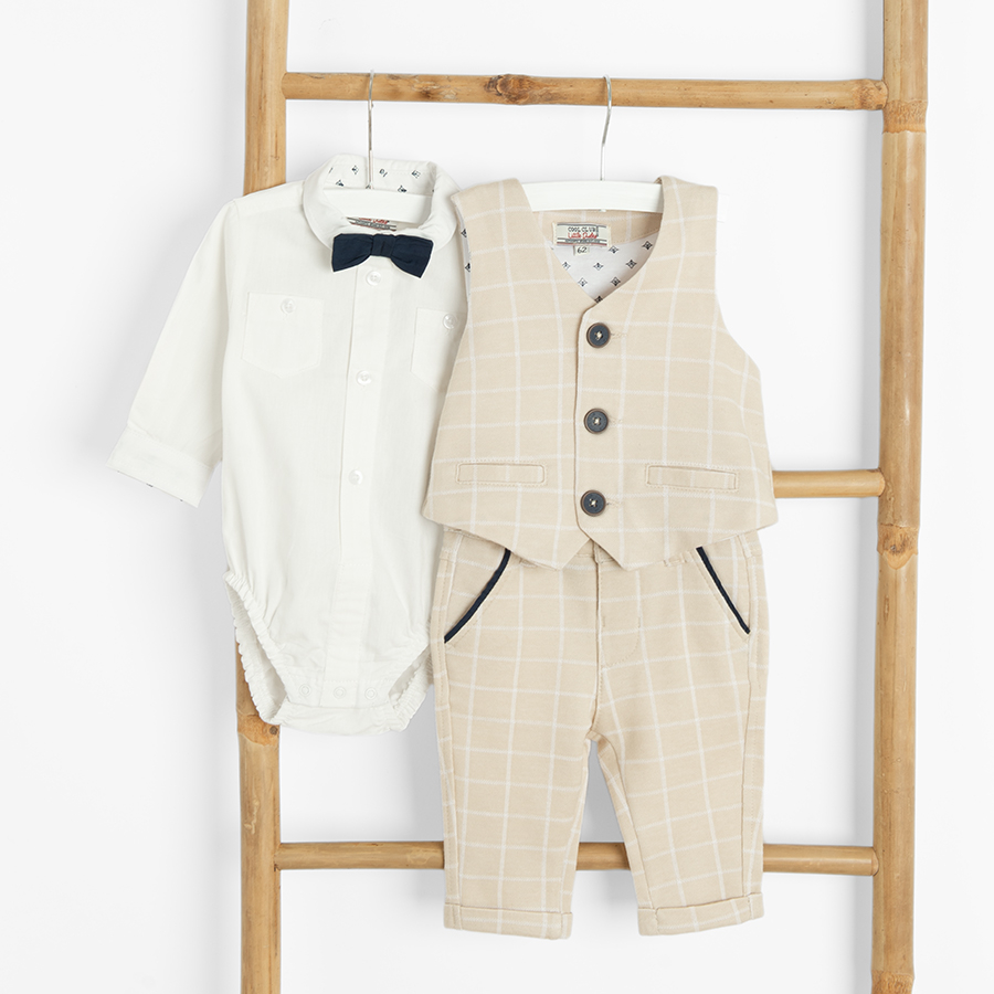 Pants, white long sleeve bodysuit and vest set- 3 pieces