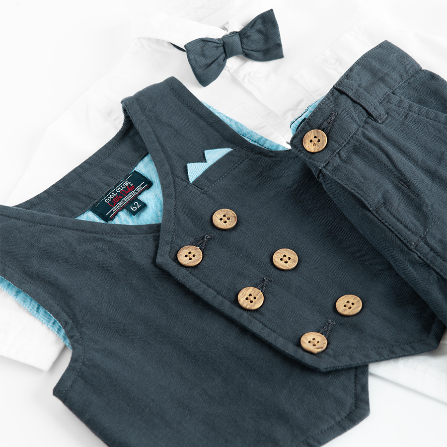 White long sleeve button down bodysuit with bow tie and blue pants and vest set- 3 pieces